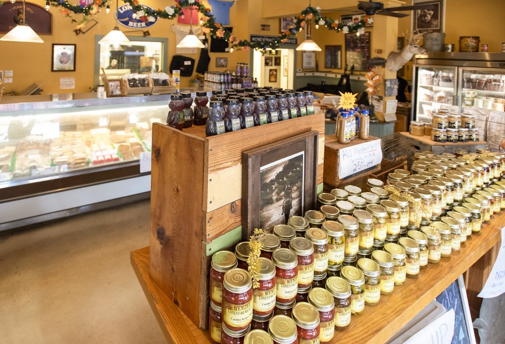 Inside display case with food products at Wenzel Lonestar Meat Company