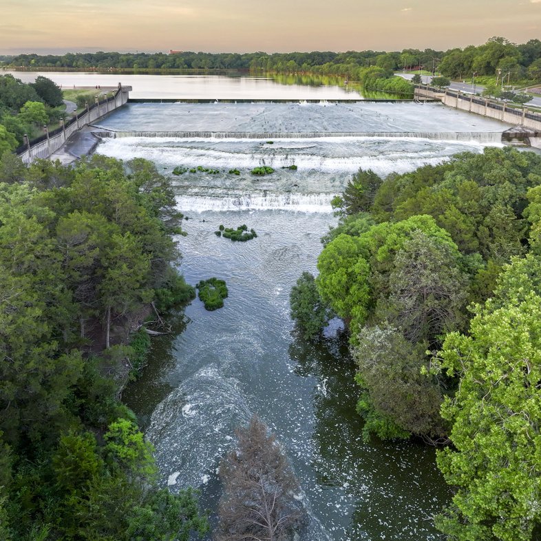 An aerial view of spillway on the creek.