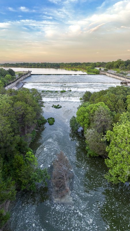 An aerial view of spillway on the creek.