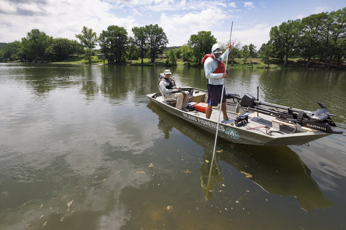 A people on a boat in a riverbed of the Guadalupe River surveying fish.