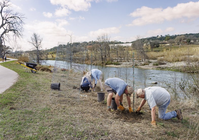 People planting trees along the Guadalupe River