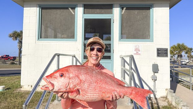 A person holding a large red snapper.