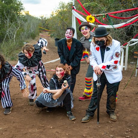 Lockhart High School theatre students pose at the entrance to Lockhart State Park's Haunted Trails