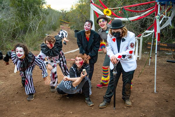 Lockhart High School theatre students pose at the entrance to Lockhart State Park's Haunted Trails