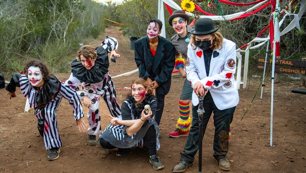 Lockhart High School theatre students pose at the entrance to Lockhart State Park's Haunted Trails