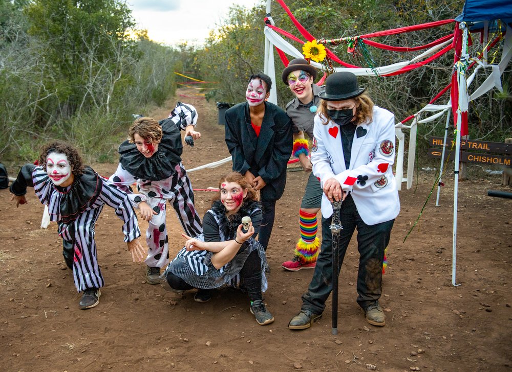 Lockhart High School theatre students pose at the entrance to Lockhart State Park's Haunted Trails