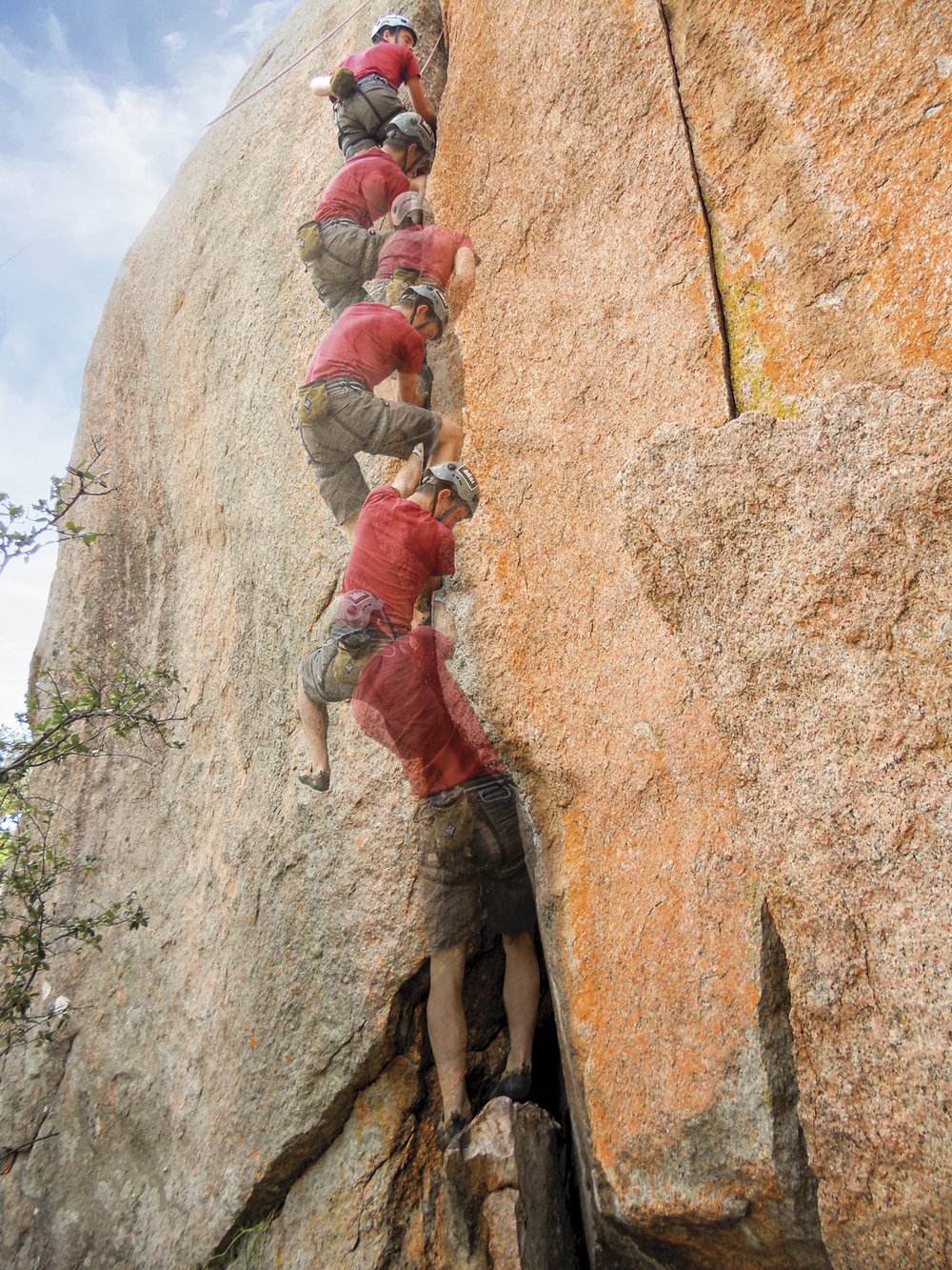 A multi-stage photograph showing the ascent of a climber working his way up a large rock face
