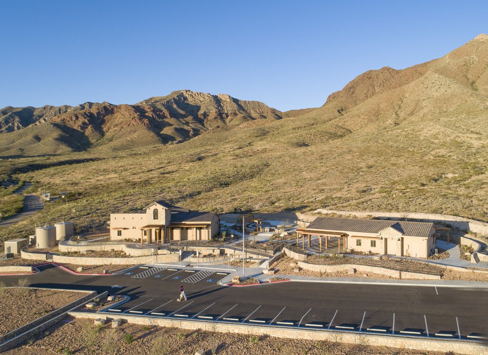 Birds-eye view of the Franklin Mountains visitor's center and gift shop complex of buildings