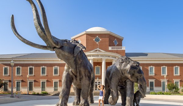 Two large bronze sculptures of mammoths stand outside the Mayborn Museum in Waco, Texas.