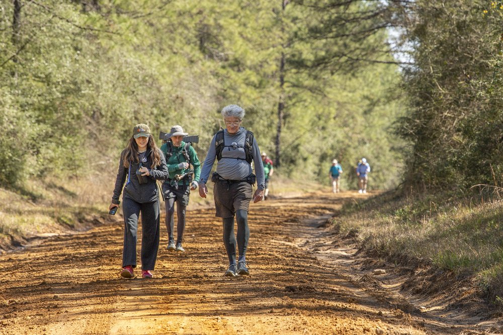 Group of hikers on red dirt road lined with tall trees in East Texas