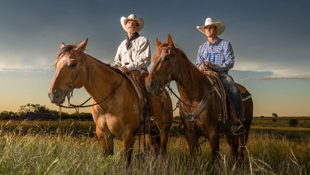 Two cowboys on horses in a prairie
