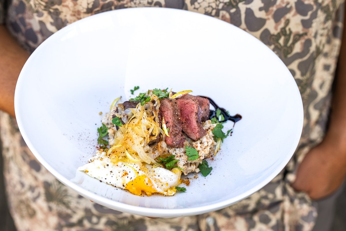 Venison oatmeal in a bowl.
