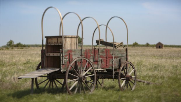 Covered Wagon in an open field.