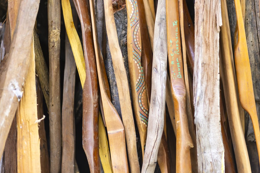Wood lined up for making bows.