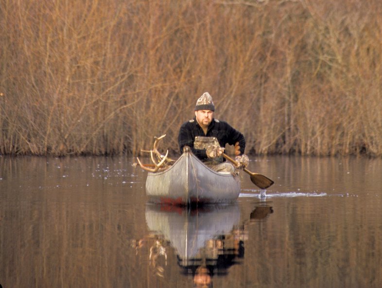 Man in a canoe with antlers sticking out of the boat.