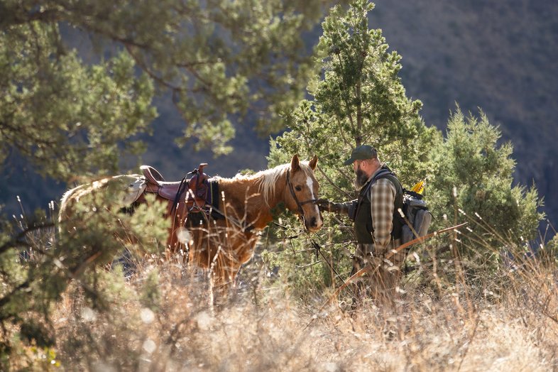 Man holding a bow and touching a horse's muzzle.