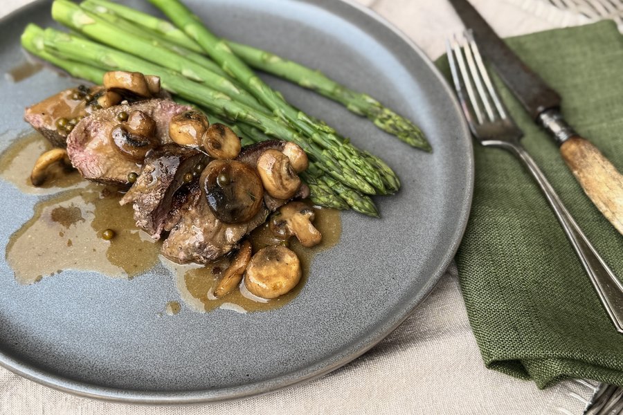 A plate of seared blackstrap with mushrooms and asparagus.