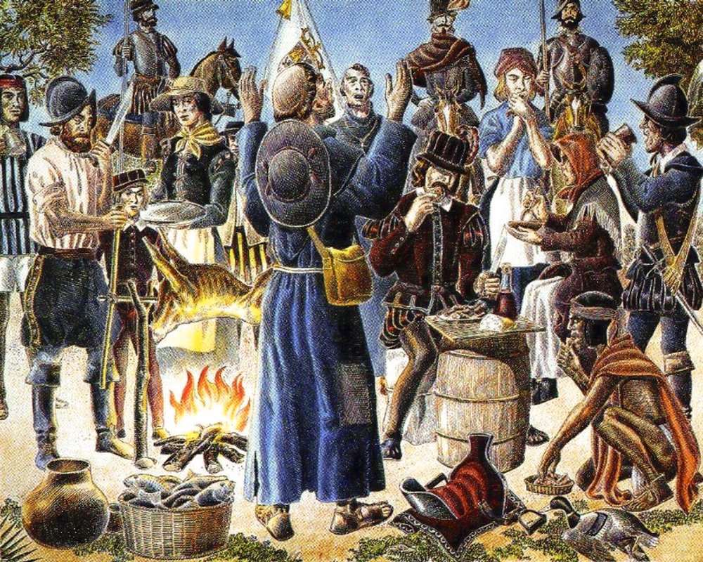 A painting of Spanish colonists and Native Americans having a feast.