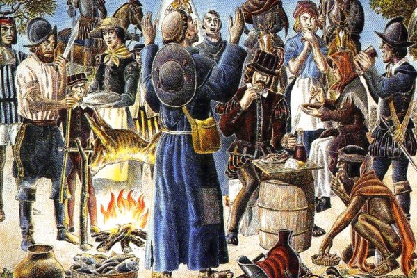 A painting of Spanish colonists and Native Americans having a feast.