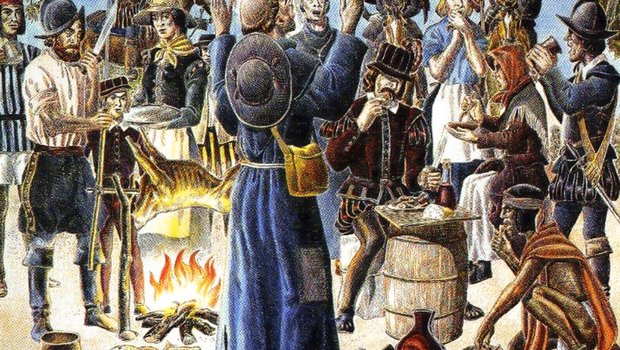 A painting of Spanish colonists and Native Americans having a feast.