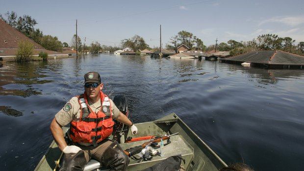 A game warden driving a boat through flooded waters