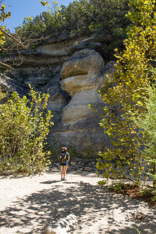 A woman stands in front of a rock formation that resembles a monkey