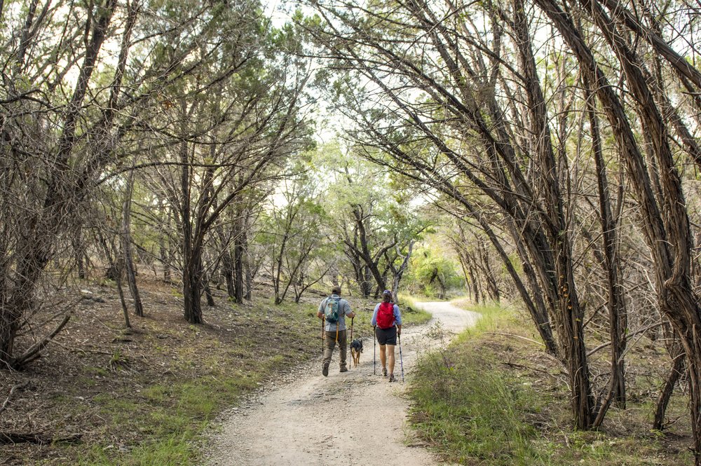 A man and woman hike through a tree lined trail with their dog.