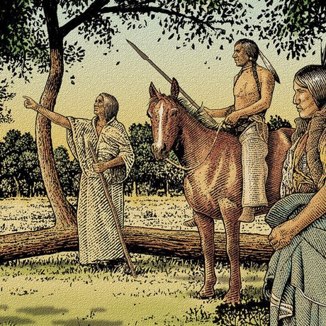 A painting of Native Americans in front of a Comanche marker tree