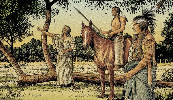 A painting of Native Americans in front of a Comanche marker tree