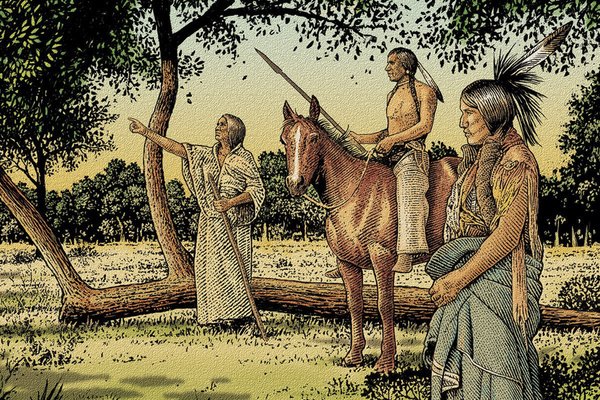 A painting of Native Americans in front of a Comanche marker tree