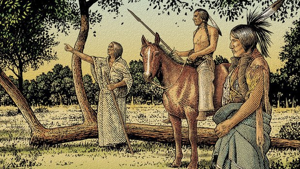 A painting of Native Americans in front of a Comanche marker tree