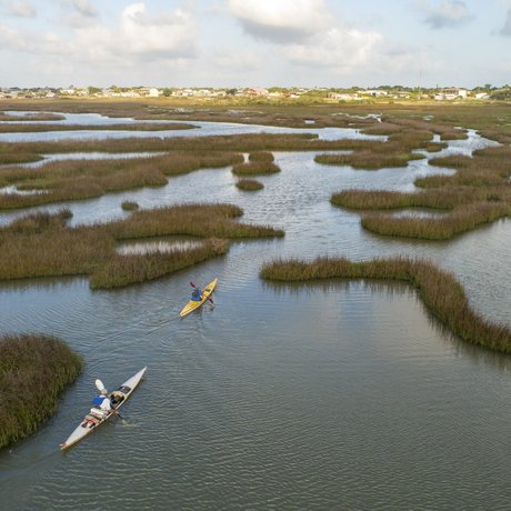 Two kayakers paddling through a marsh bayou