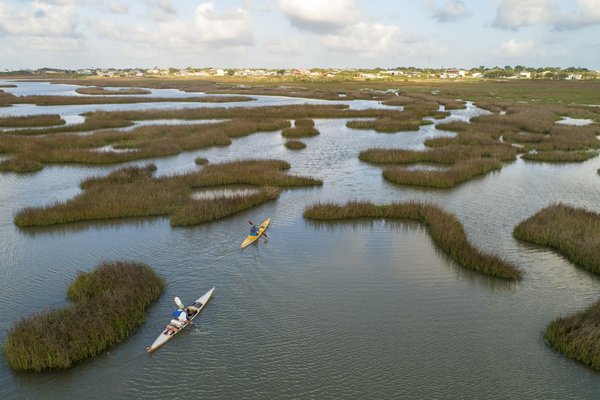Two kayakers paddling through a marsh bayou