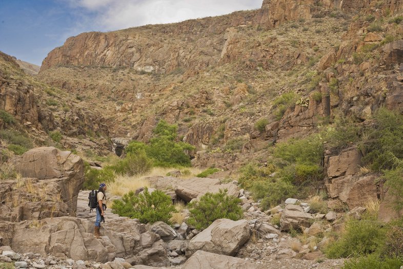 Person standing at the base of the Chinati Mountains.