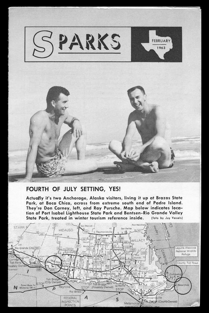 1963 Sparks cover wtih two men sitting on a beach and a map of where to find state parks