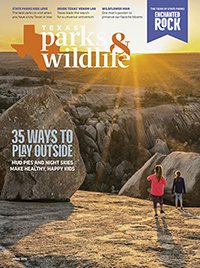 April 2016 Cover - Family standing on a plateau with a bolder over looking rock formations - Title: 35 Ways to Play Outside