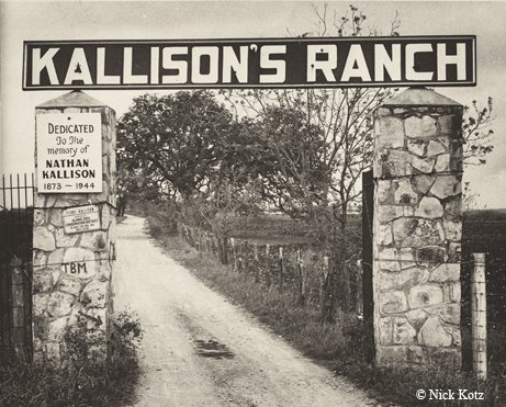 Kallison Ranch Entrance sign atop stone pillars Circa 1948