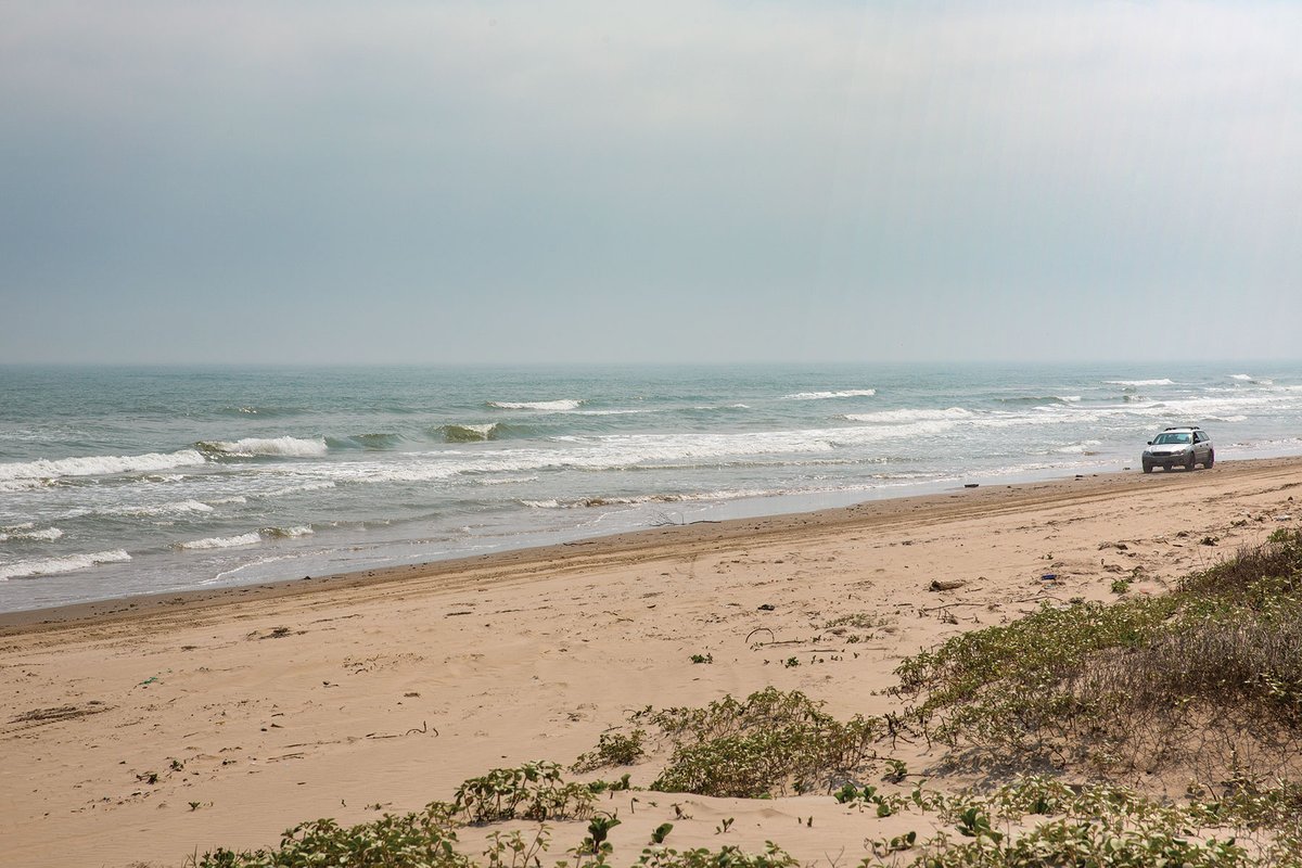 A car diriving down the beach.
