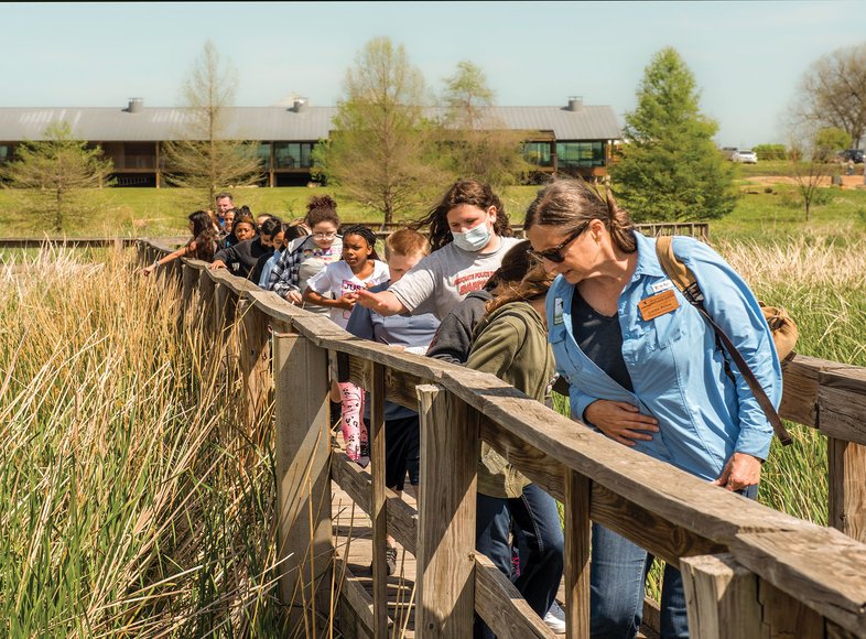 A class walking on a bridge through the wetland center.