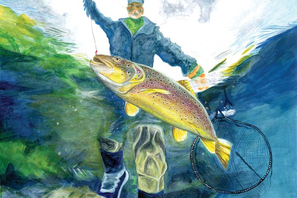 A painting of a fisherman catching a fish.