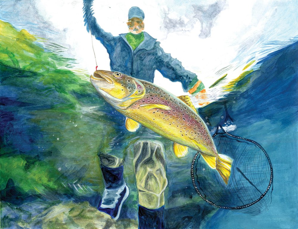 A painting of a fisherman catching a fish.