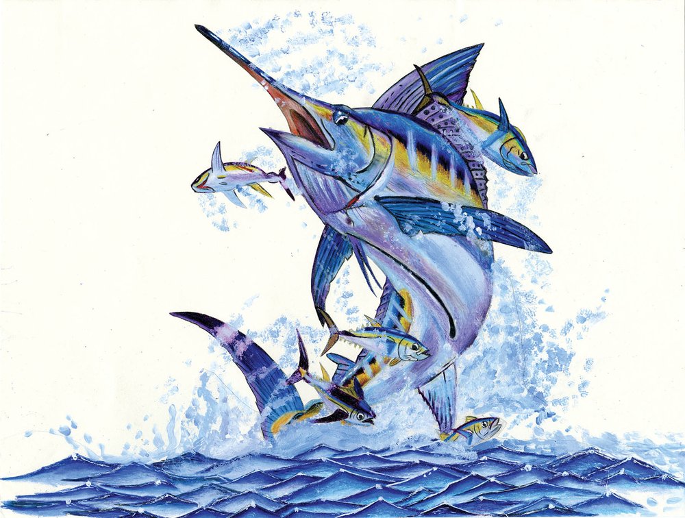 A painting of a swordfish jumping out of the water.