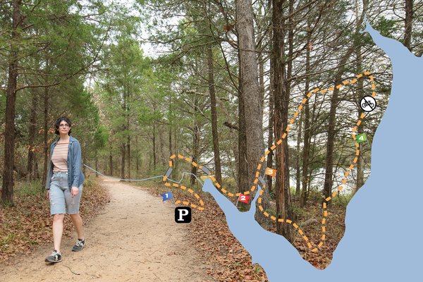 A person walking the trail at Beaver Slide Nature Path overlayed with a map of the trail