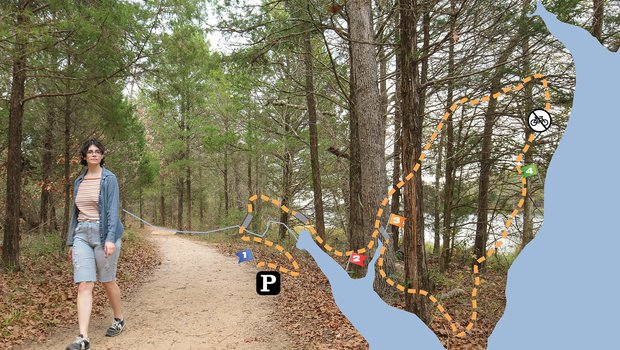 A person walking the trail at Beaver Slide Nature Path overlayed with a map of the trail