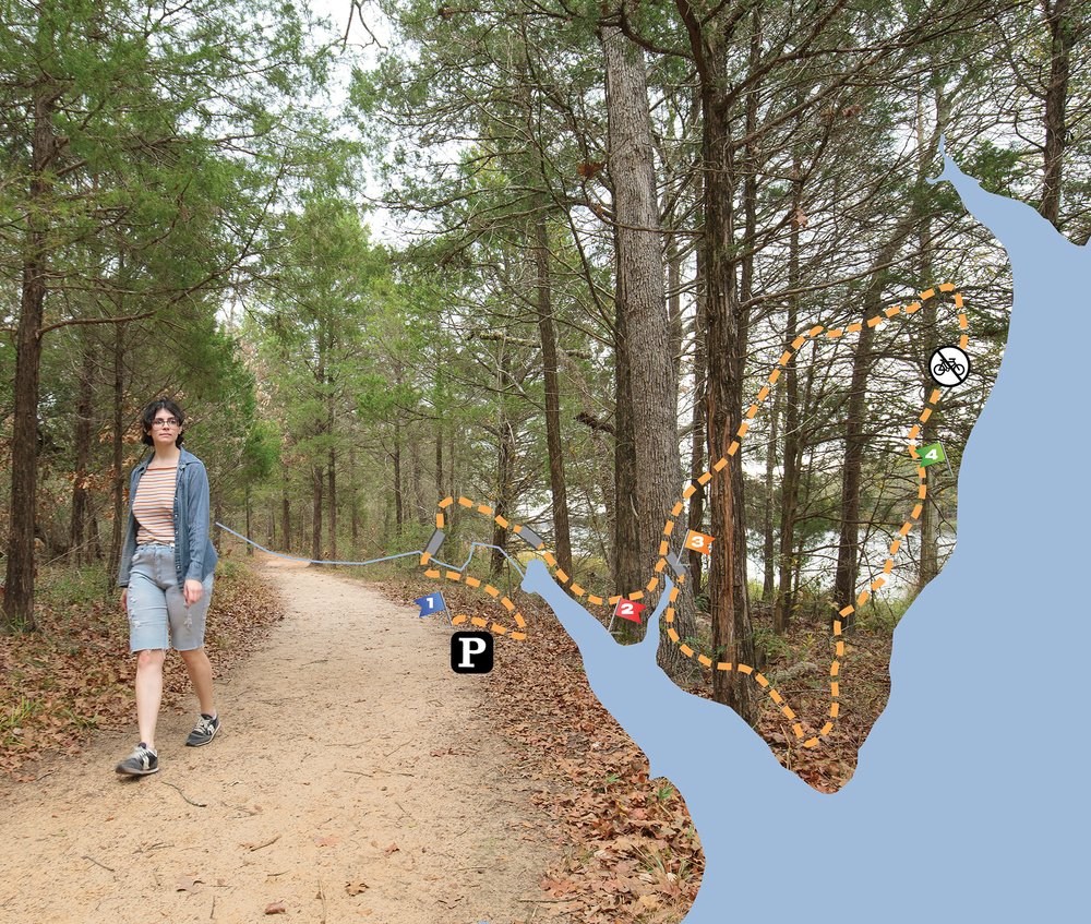 A person walking the trail at Beaver Slide Nature Path overlayed with a map of the trail