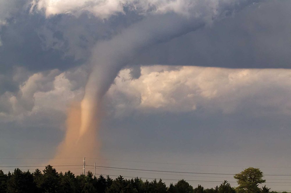 A tornado touching down behind some trees.