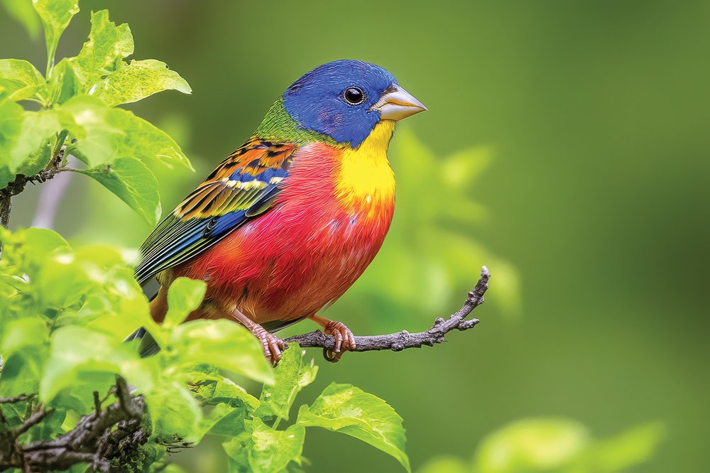 A painted bunting on a branch showing off its blue, green, yellow, read and orange feathers.