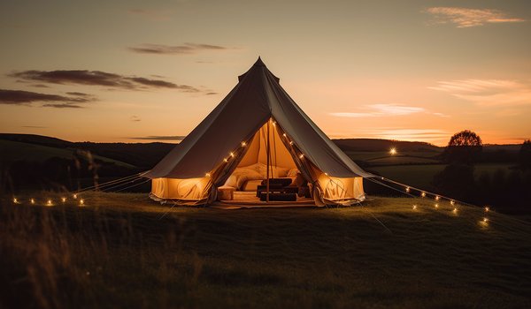 Cozy glamping tent with lights.
