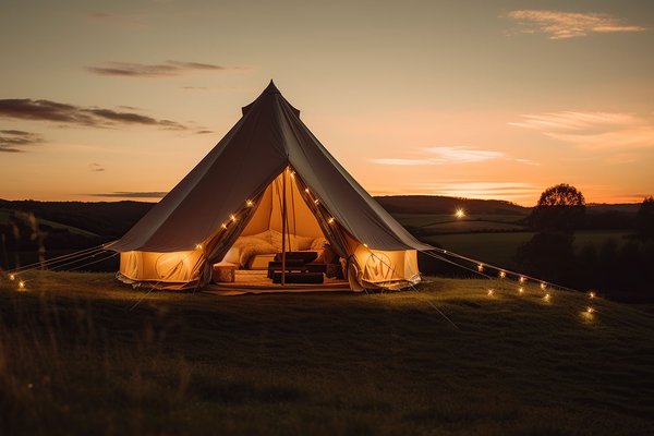 Cozy glamping tent with lights.