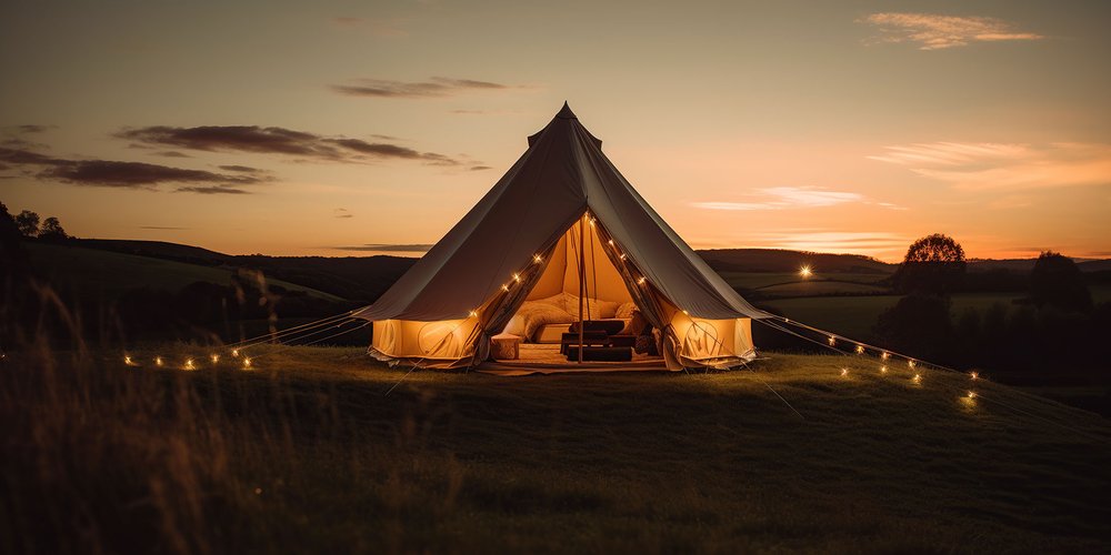 Cozy glamping tent with lights.